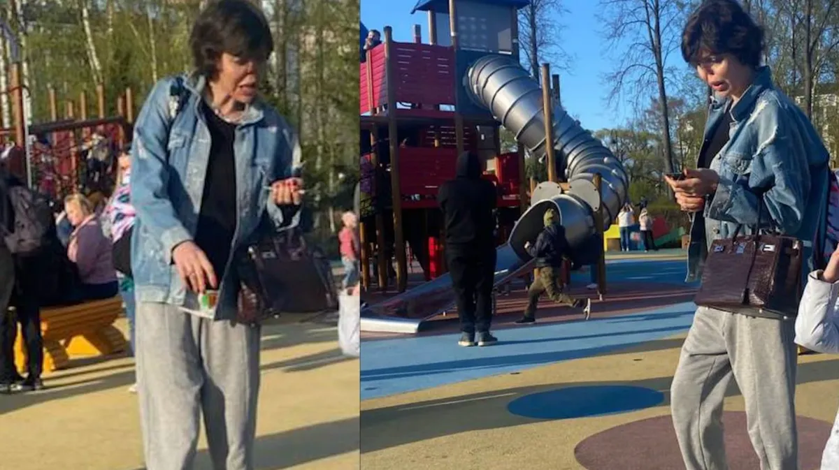 Обезображенную экс-жену Аршавина засняли на детской площадке. Выглядит потерявшая нос Казьмина как болезненный подросток