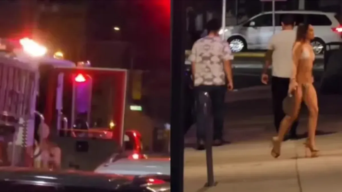 Женщина в бикини была замечена выходящей из пожарной машины и идущей в стриптиз-клуб в Сан-Хосе, Калифорния. Фото: @d_osc_r через Instagram* (соцсеть запрещена в РФ)