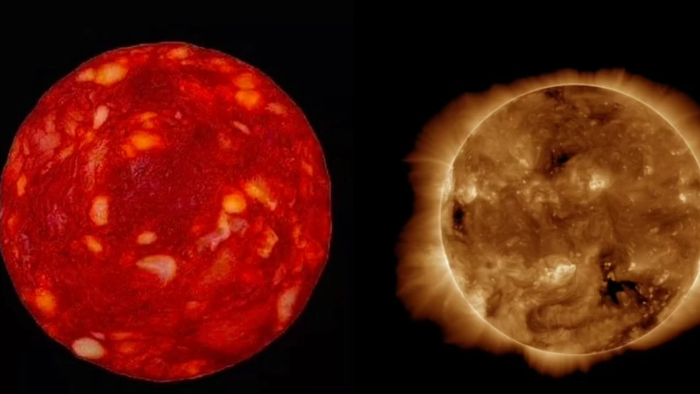 Слева фотография чоризо, а справа обсерватории солнечной динамики НАСА. Фото: твиттер Этьена Кляйна
