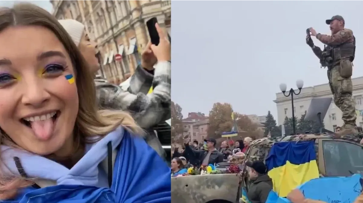 Херсон после ухода российских войск: ВСУ развешивают сине-желтые флаги, местные жители танцуют на автомобилях и главной площади – видео