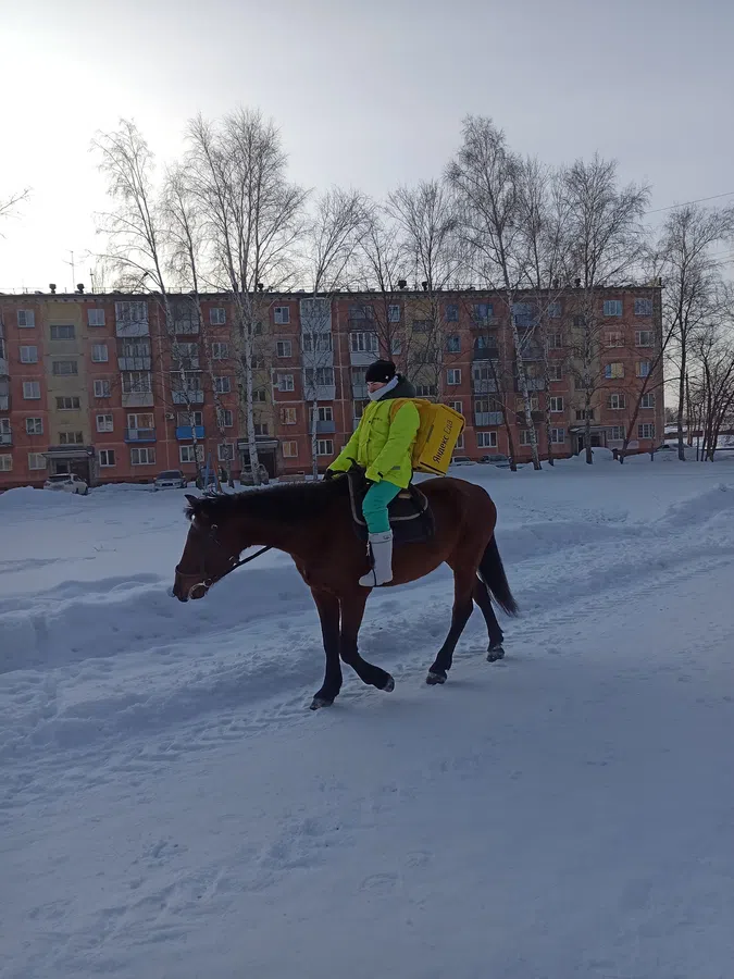 В Бердске девушка-курьер Яндекс.Еды верхом на коне развозит горячие обеды жителям Микрорайона