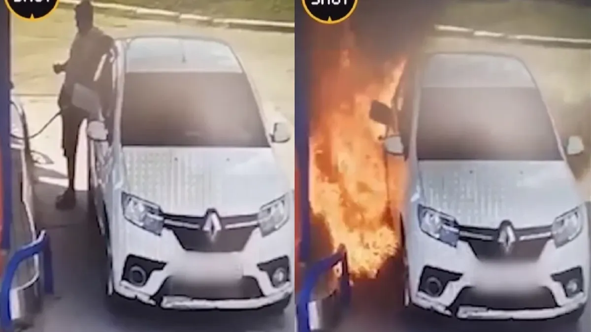 Водитель из Еманжелинска Челябинской области чиркнул зажигалкой на автозаправке и вспыхнул. Перекинулся огонь и на автомобиль – видео
