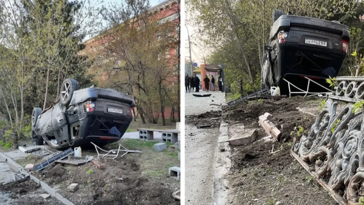 В центре Новосибирска Range Rover жестко протаранил ограждение и перевернулся «вверх тормашками»