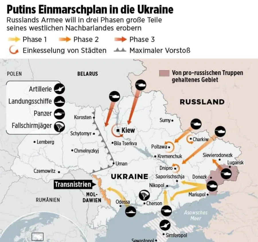 Карту предполагаемого нападения России на Украину опубликовала немецкая газета Bild