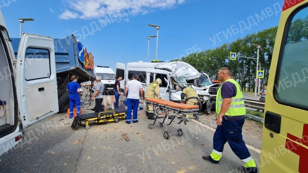 В Башкирии микроавтобус влетел в стоявший на обочине КамАЗ. В салоне находились 20 пассажиров, есть погибшие - фото