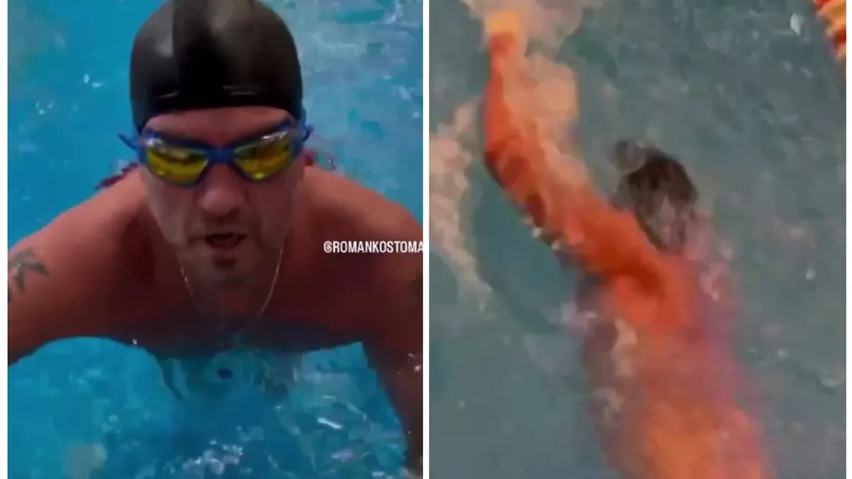 Роман Костомаров плавает в бассейне с протезами — видео