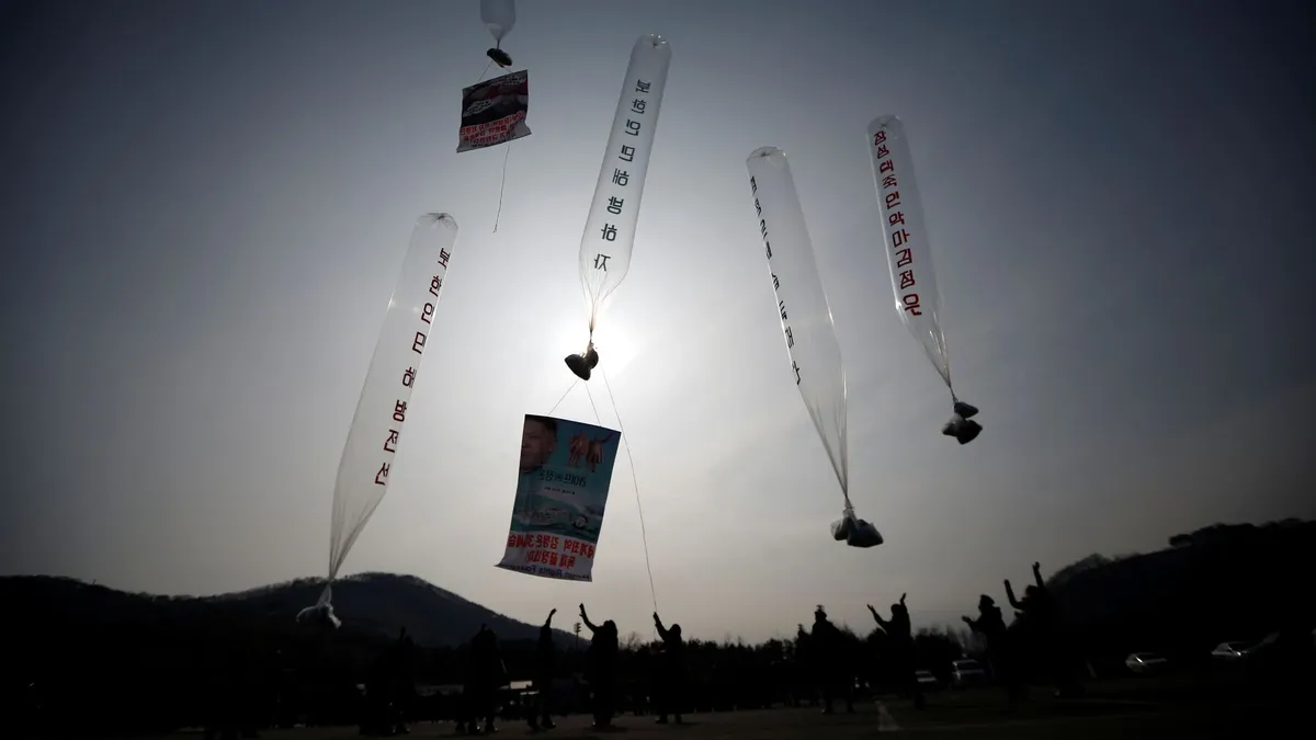 Бывшие северокорейские перебежчики, живущие в Южной Корее, выпускают воздушные шары с банкнотами в один доллар, радиоприемниками, компакт-дисками и листовками, осуждающими северокорейский режим, на север возле демилитаризованной зоны, разделяющей две Кореи, в Паджу, к северу от Сеула, 15 января 2014 года. Фото: REUTERS/Ким Хон Чжи