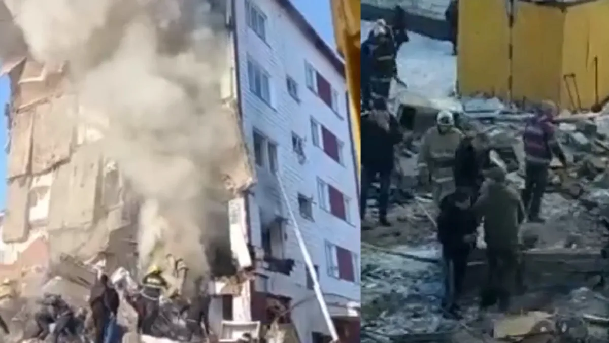 Видео с места обрушения подъезда пятиэтажки от взрыва Сахалине: семеро погибли, среди них трое детей, обломки падают на головы пожарных, 59 спасателей ищут под завалами жителей в Тымовском