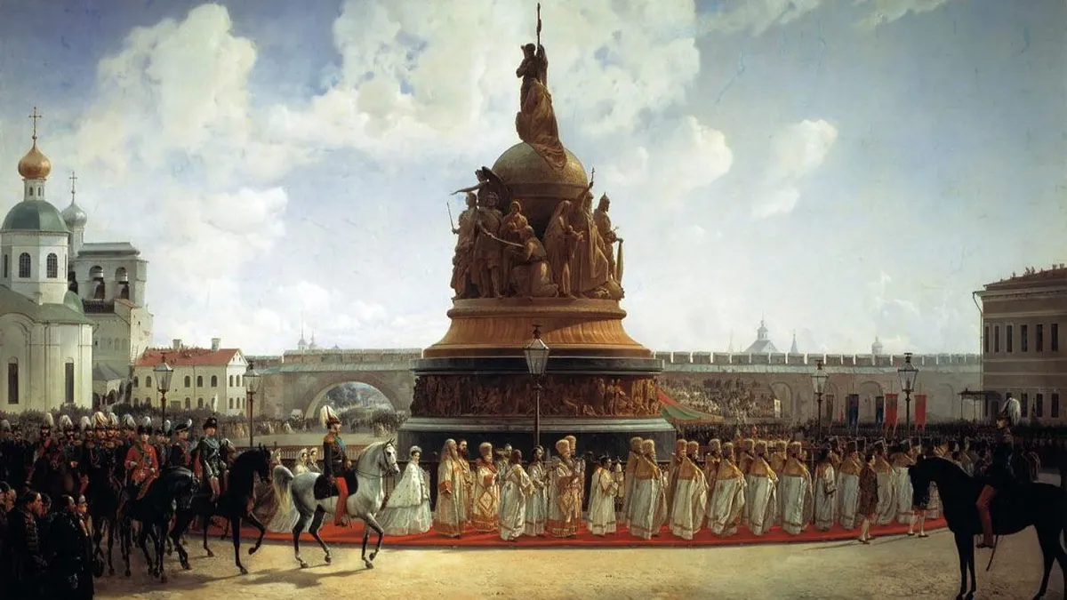 Открытие памятника 1000-летию России в Новгороде в сентябре 1862 года. Иллюстрация: Bogdan Villevalde